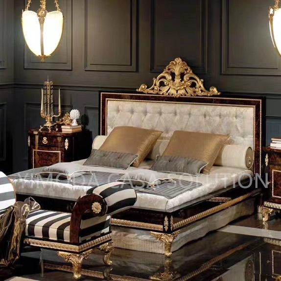European Style Brown carved Solid Wood Antique Wooden Furniture white tufted Beds Hand Carved Bedroom Design for Home Use