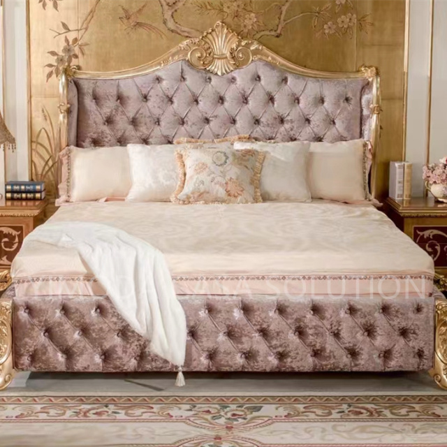 European Style Solid Wood Double King Size Bed Luxury Grey Chesterfield Princess Bedroom Furniture French tufted For Room Wedding Bed