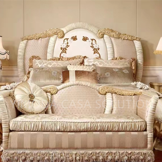 French Beige fabric tufted Bedroom King Size Bed Antique Upholstered Bed-Style Antique Luxury Bedroom Sets Furniture
