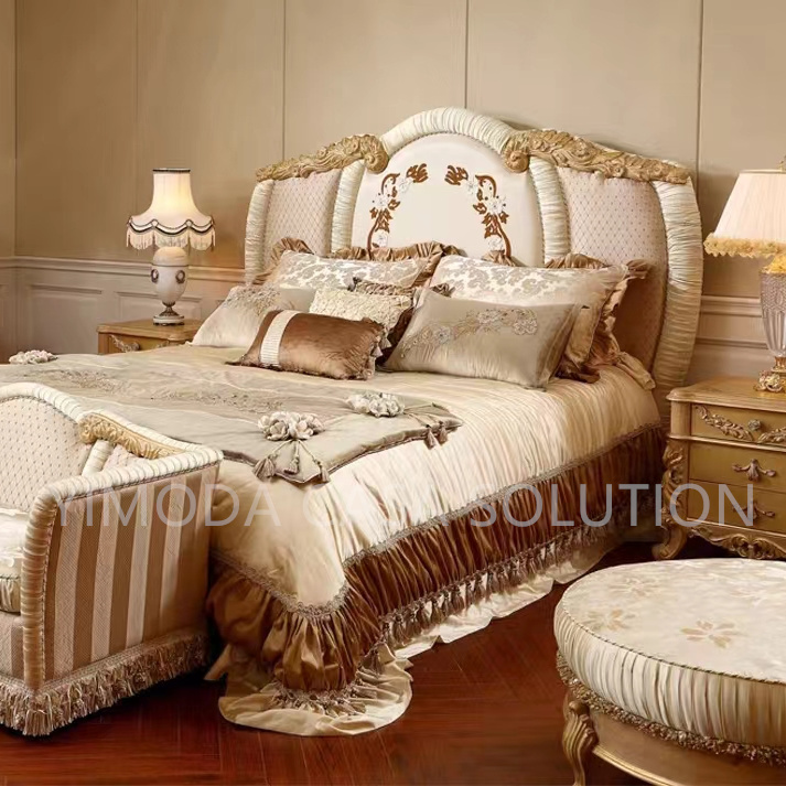 French Beige fabric tufted Bedroom King Size Bed Antique Upholstered Bed-Style Antique Luxury Bedroom Sets Furniture