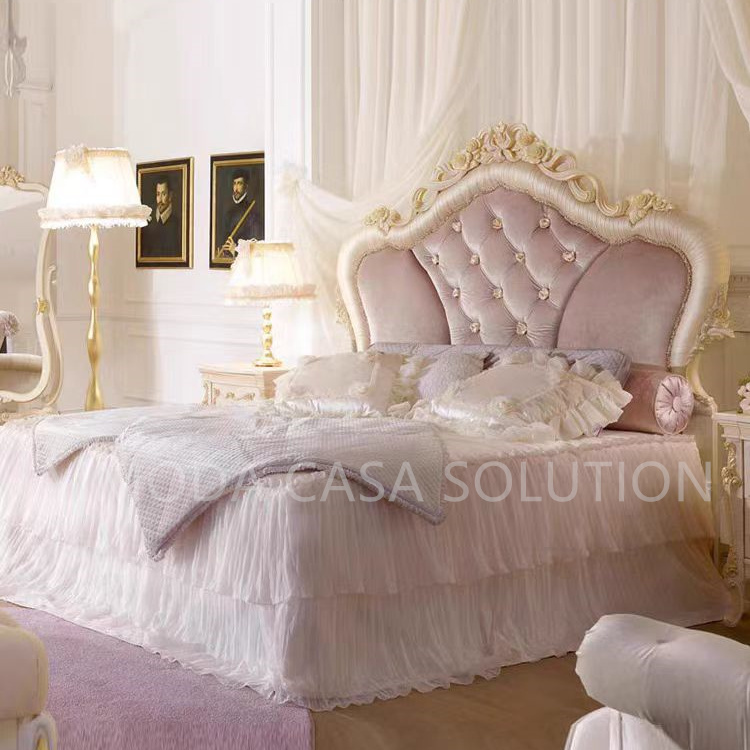 European Style Tufted luxury Bed Handpainted Classical Purple tufted Bedroom Set Furniture Wood Home Furniture