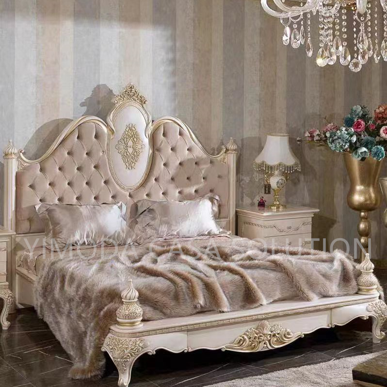 Antique Style Natural Solid Wood Purple Chesterfield velvet Bedroom Furniture Handcarved Double King Size Bed