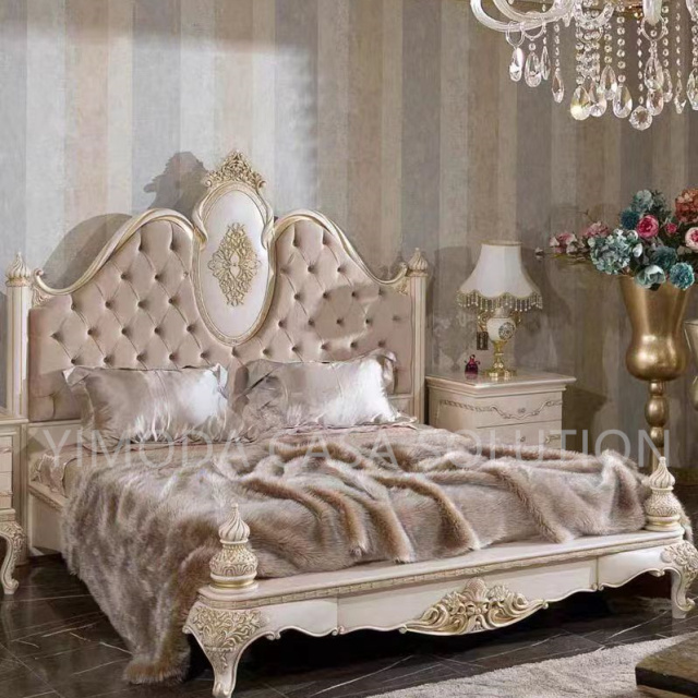 Antique Style Natural Solid Wood Purple Chesterfield velvet Bedroom Furniture Handcarved Double King Size Bed