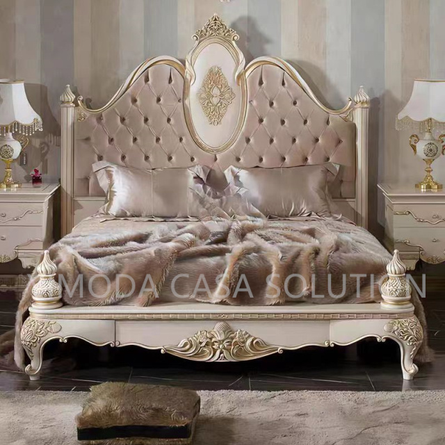 Antique Style Natural Solid Wood Purple Chesterfield velvet Bedroom Furniture Handcarved Double King Size Bed