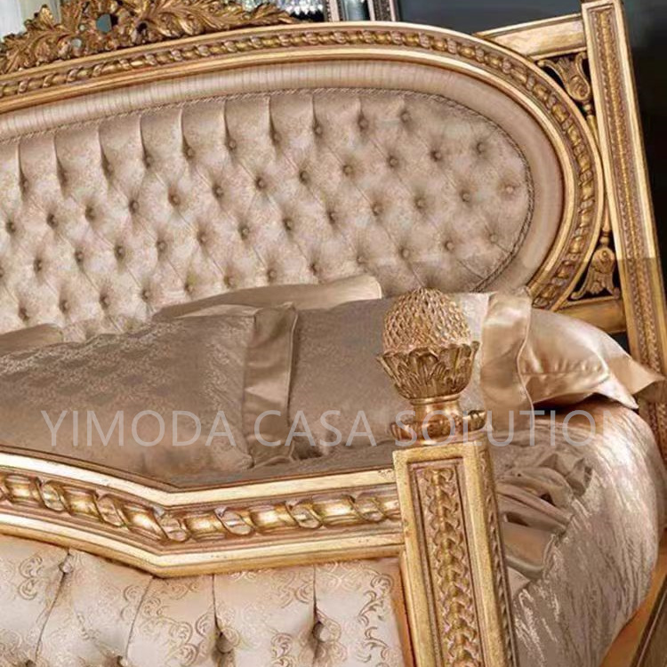 European Antique Princess Beige Chesterfield velvet Double Bed Solid Wood Shell Carving French High End Luxury Villa Bedroom King Size Bed