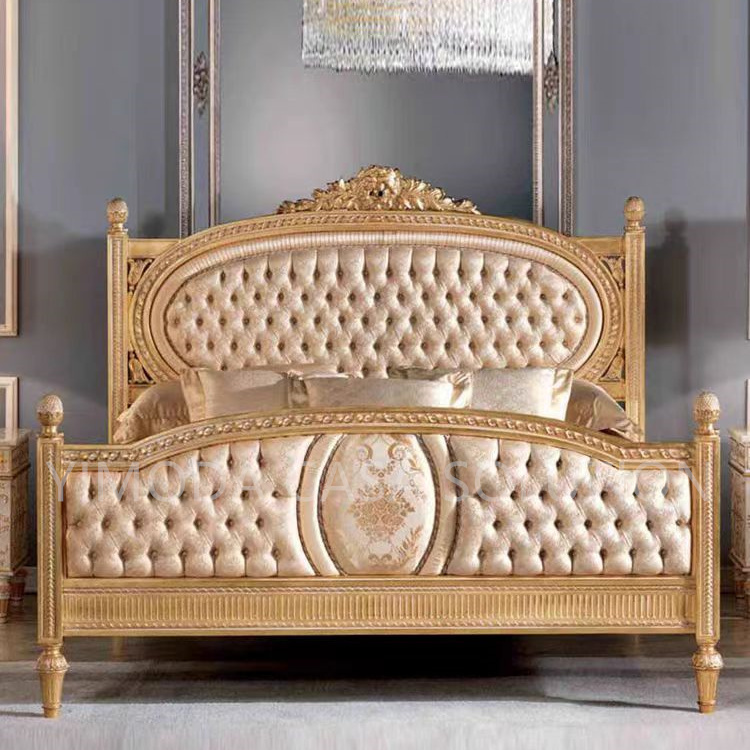 European Antique Princess Beige Chesterfield velvet Double Bed Solid Wood Shell Carving French High End Luxury Villa Bedroom King Size Bed