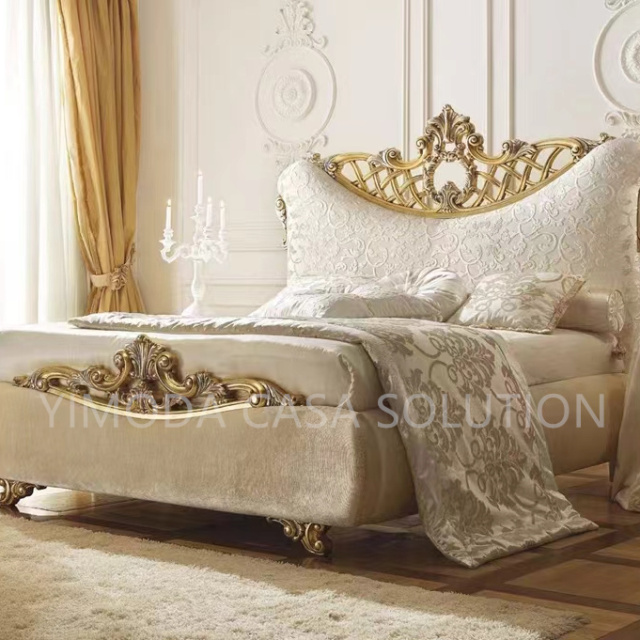 Classic Italian Royal Gold Carved White Upholstered Furniture Bedroom Set Luxury Antique King Side Bed with Nightstands