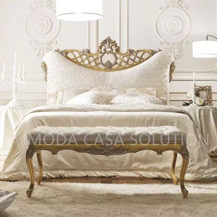 Classic Italian Royal Gold Carved White Upholstered Furniture Bedroom Set Luxury Antique King Side Bed with Nightstands