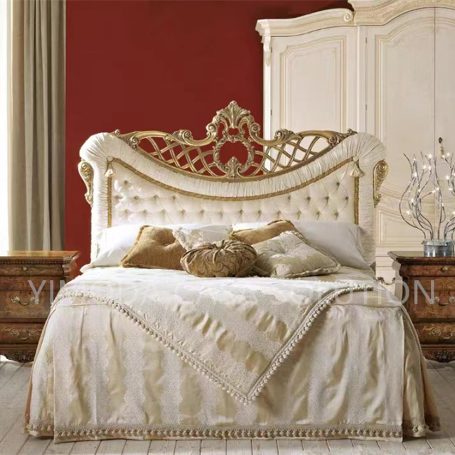 Classic Italian Royal Gold Carved White Upholstered Furniture Bedroom Set Luxury Antique King Side Bed with Nightstands