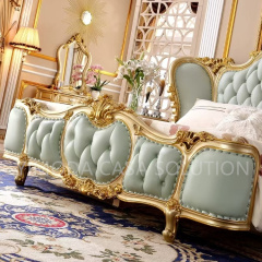 Elegant champagne Gold Rococo French king Size Solid Wood Hand Made Classic Green Chesterfield Leather Bed Bedroom Furniture Set Crown Double Bed