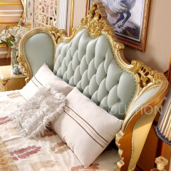 Elegant champagne Gold Rococo French king Size Solid Wood Hand Made Classic Green Chesterfield Leather Bed Bedroom Furniture Set Crown Double Bed