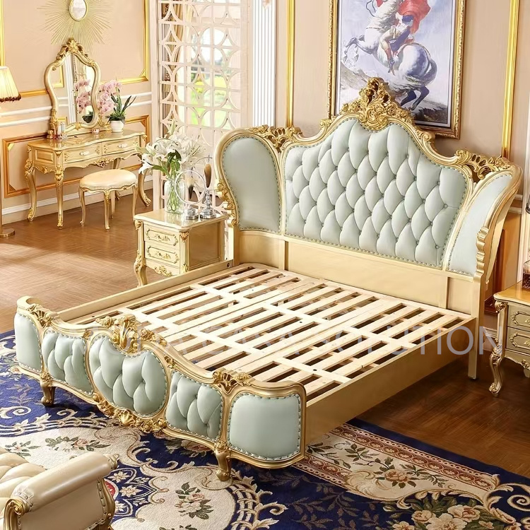 Elegant champagne Gold Rococo French king Size Solid Wood Hand Made Classic Green Chesterfield Leather Bed Bedroom Furniture Set Crown Double Bed