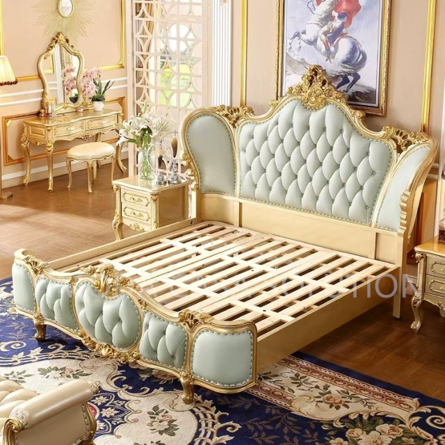 Elegant champagne Gold Rococo French king Size Solid Wood Hand Made Classic Green Chesterfield Leather Bed Bedroom Furniture Set Crown Double Bed