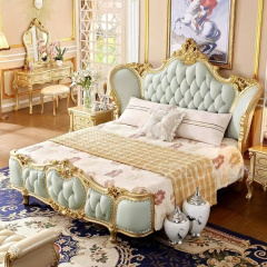 Elegant champagne Gold Rococo French king Size Solid Wood Hand Made Classic Green Chesterfield Leather Bed Bedroom Furniture Set Crown Double Bed