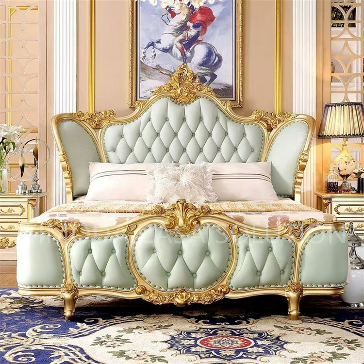 Elegant champagne Gold Rococo French king Size Solid Wood Hand Made Classic Green Chesterfield Leather Bed Bedroom Furniture Set Crown Double Bed