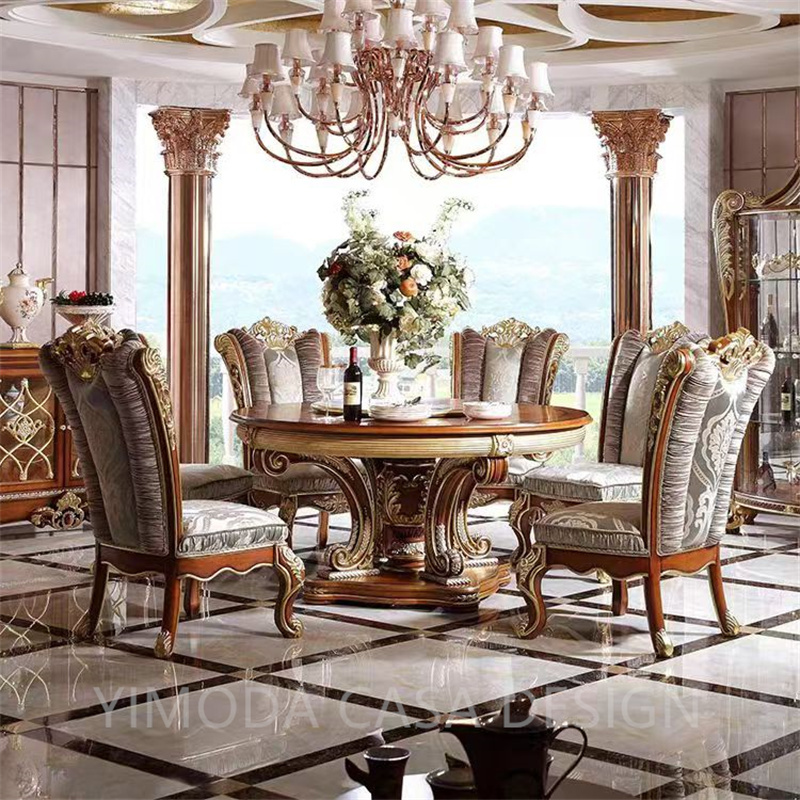 Custom Hotel Household Furniture French Antique Solid Wood Round Carved Dining Table Set Luxury dining set