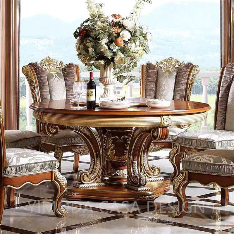 Custom Hotel Household Furniture French Antique Solid Wood Round Carved Dining Table Set Luxury dining set