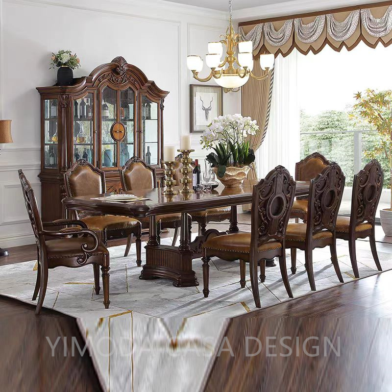 Royal Style Baroque Dining Table Set Hand Carved Rectangular Solid Wood Glass Top with Chair for Kitchen European Home Furniture