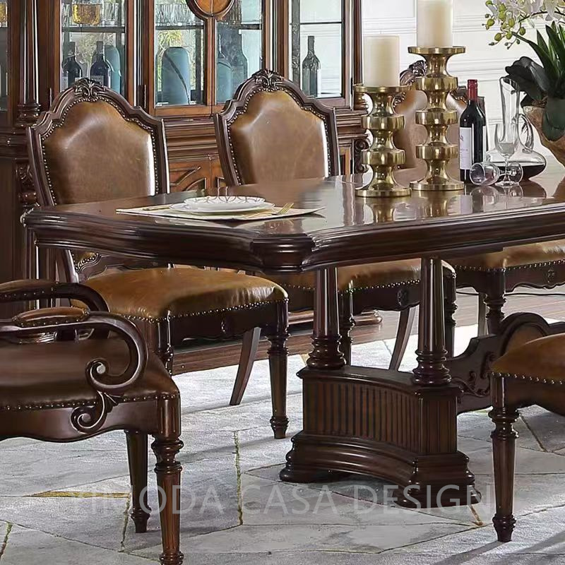 Royal Style Baroque Dining Table Set Hand Carved Rectangular Solid Wood Glass Top with Chair for Kitchen European Home Furniture