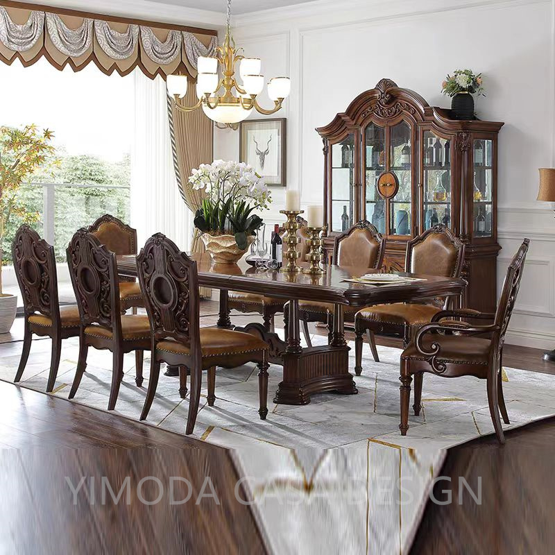 Royal Style Baroque Dining Table Set Hand Carved Rectangular Solid Wood Glass Top with Chair for Kitchen European Home Furniture