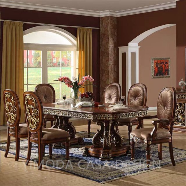 Luxury Rectangular Wooden Carving Dining Table Set White Vintage Wooden Carved Dining Set Wholesale Wood Carved Antique Dining Furniture