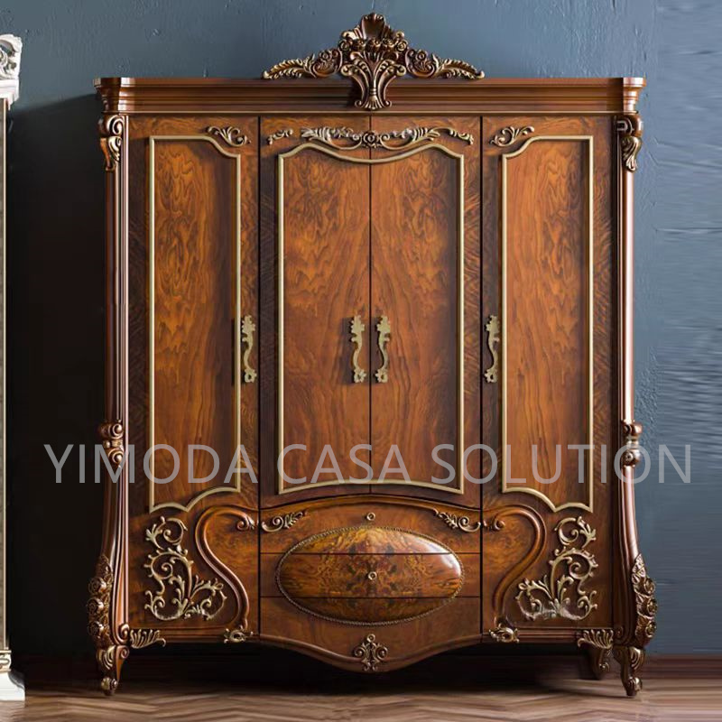 Elegant Classical Carved Brown Home Furniture Antique Vintage Cabinet Furniture 4 Door Design Bedroom Wardrobe
