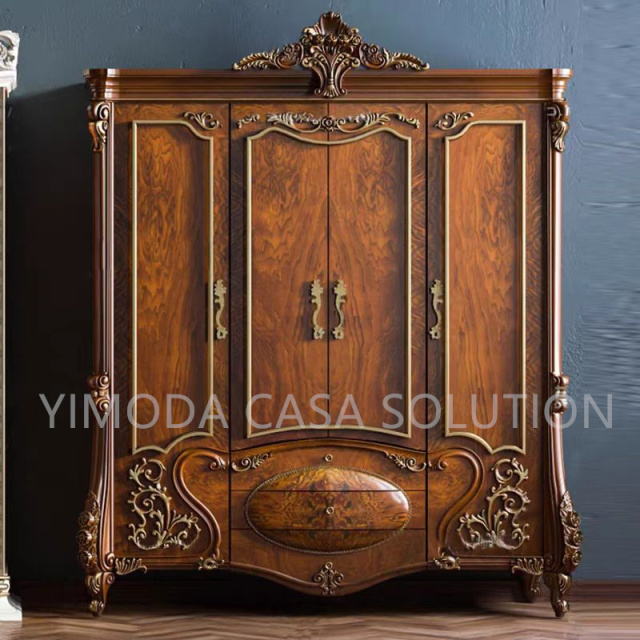 Elegant Classical Carved Brown Home Furniture Antique Vintage Cabinet Furniture 4 Door Design Bedroom Wardrobe