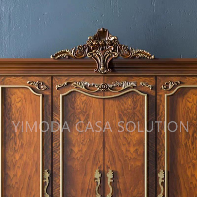 Elegant Classical Carved Brown Home Furniture Antique Vintage Cabinet Furniture 4 Door Design Bedroom Wardrobe