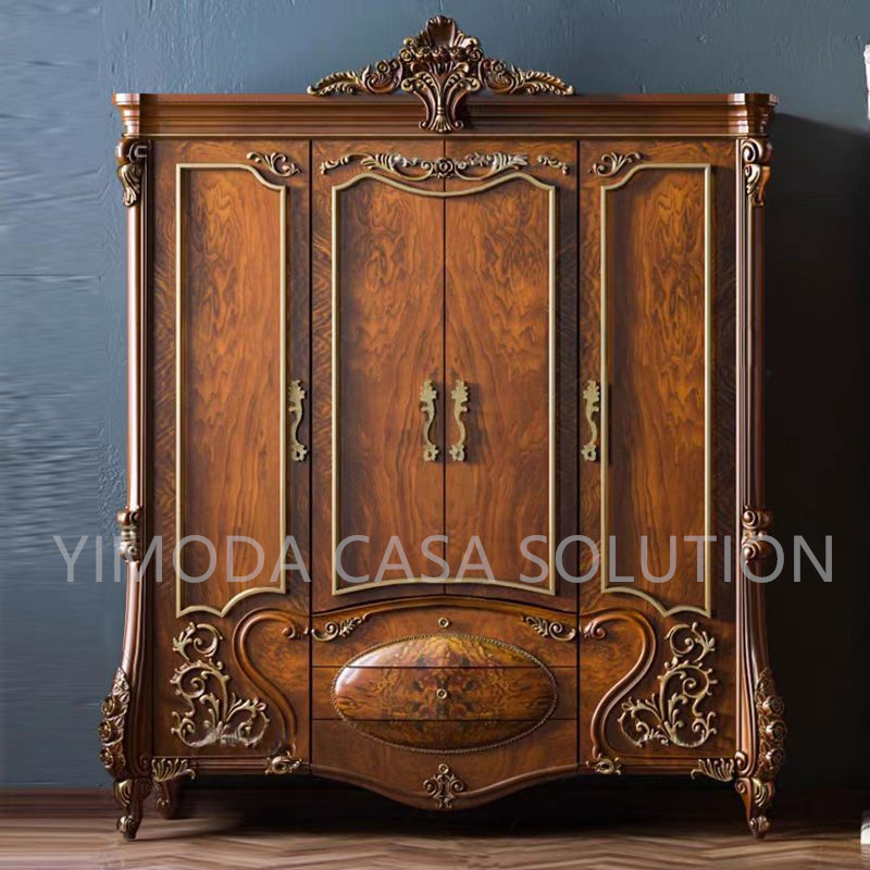 Elegant Classical Carved Brown Home Furniture Antique Vintage Cabinet Furniture 4 Door Design Bedroom Wardrobe