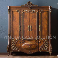 Elegant Classical Carved Brown Home Furniture Antique Vintage Cabinet Furniture 4 Door Design Bedroom Wardrobe