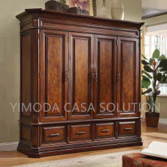 Luxury Italian Carved Brown wooden Design 4-Door Solid Wood Wardrobe Traditional Style Living Room and Bedroom Furniture