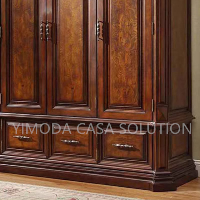 Luxury Italian Carved Brown wooden Design 4-Door Solid Wood Wardrobe Traditional Style Living Room and Bedroom Furniture