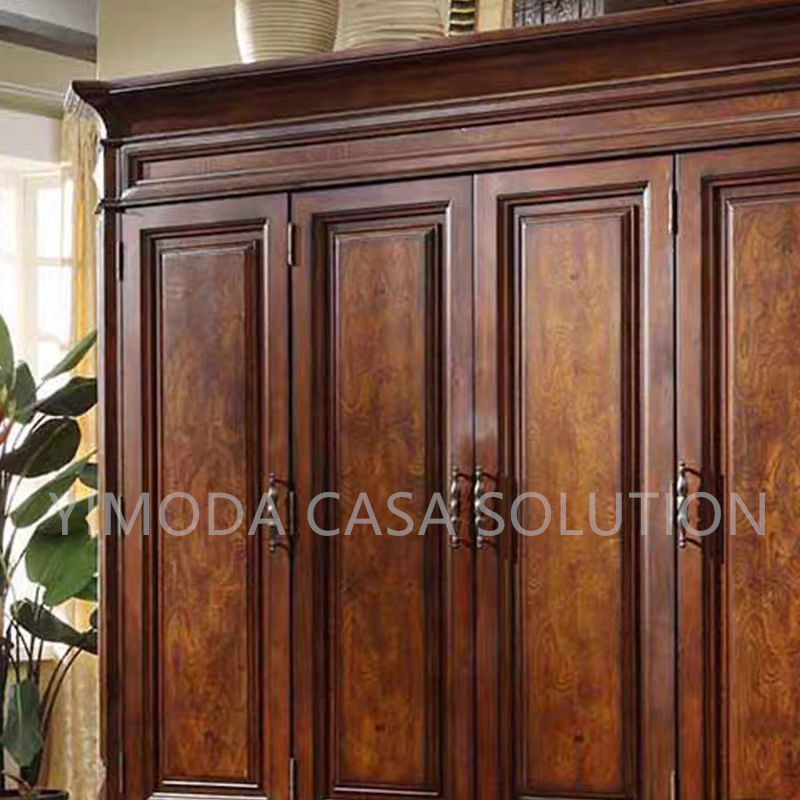 Luxury Italian Carved Brown wooden Design 4-Door Solid Wood Wardrobe Traditional Style Living Room and Bedroom Furniture