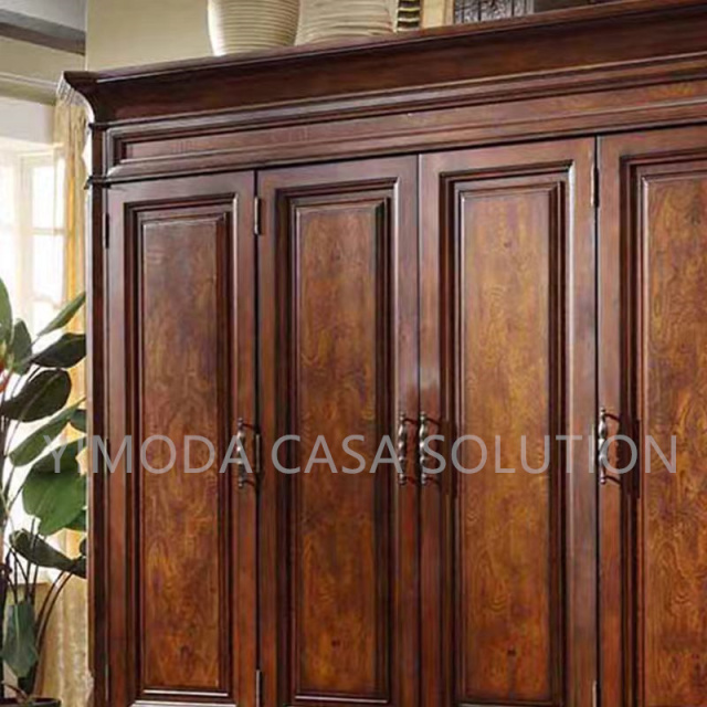 Luxury Italian Carved Brown wooden Design 4-Door Solid Wood Wardrobe Traditional Style Living Room and Bedroom Furniture