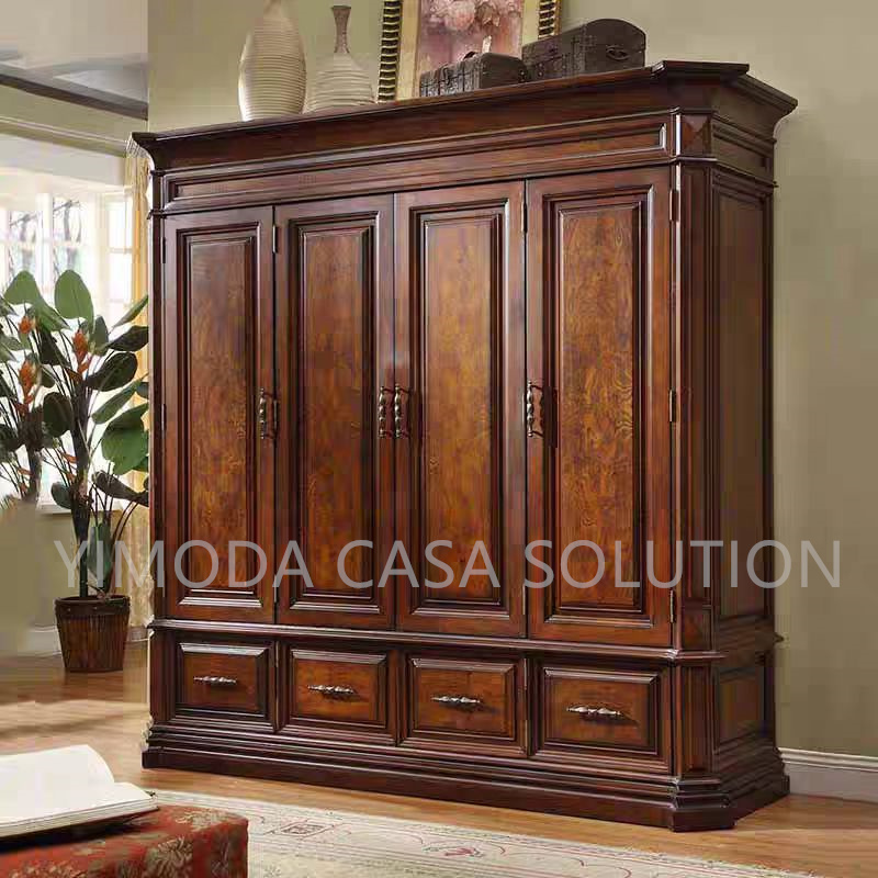 Luxury Italian Carved Brown wooden Design 4-Door Solid Wood Wardrobe Traditional Style Living Room and Bedroom Furniture