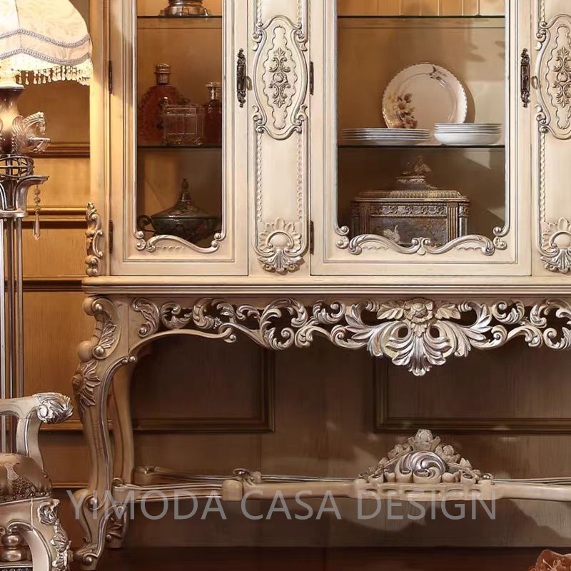 Luxury French Style White Silver Carving Glass Door Dining Room Cabinet Gorgeous Home Decorative Dining Room Cupboard