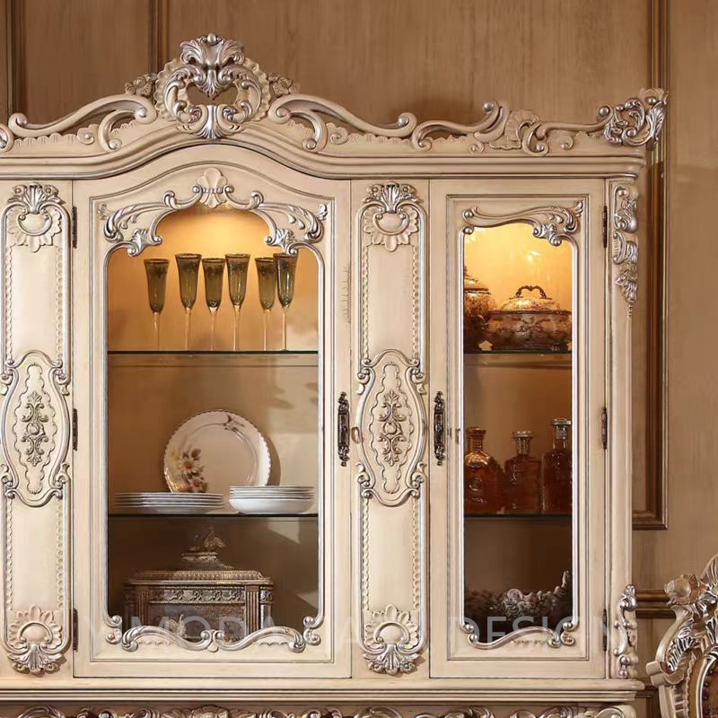 Luxury French Style White Silver Carving Glass Door Dining Room Cabinet Gorgeous Home Decorative Dining Room Cupboard