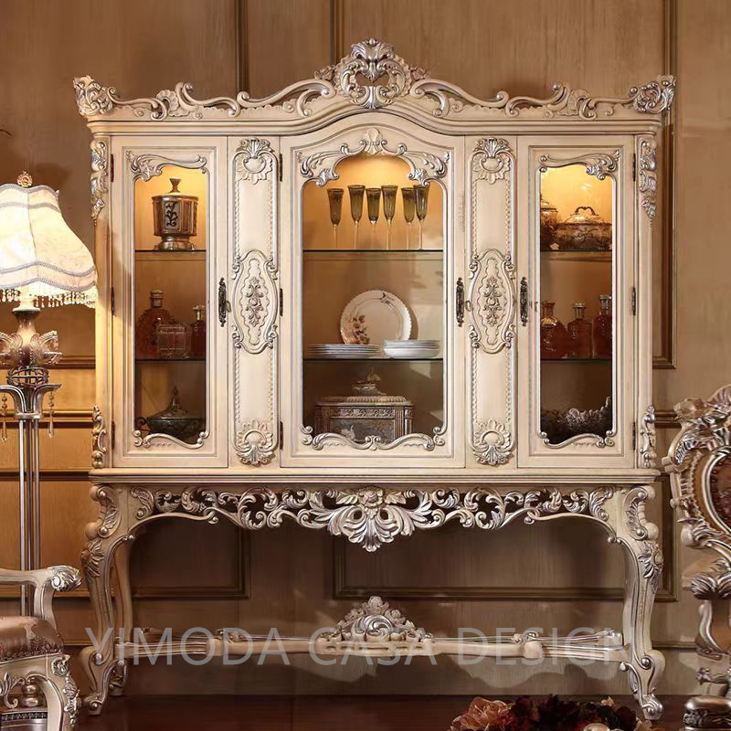 Luxury French Style White Silver Carving Glass Door Dining Room Cabinet Gorgeous Home Decorative Dining Room Cupboard