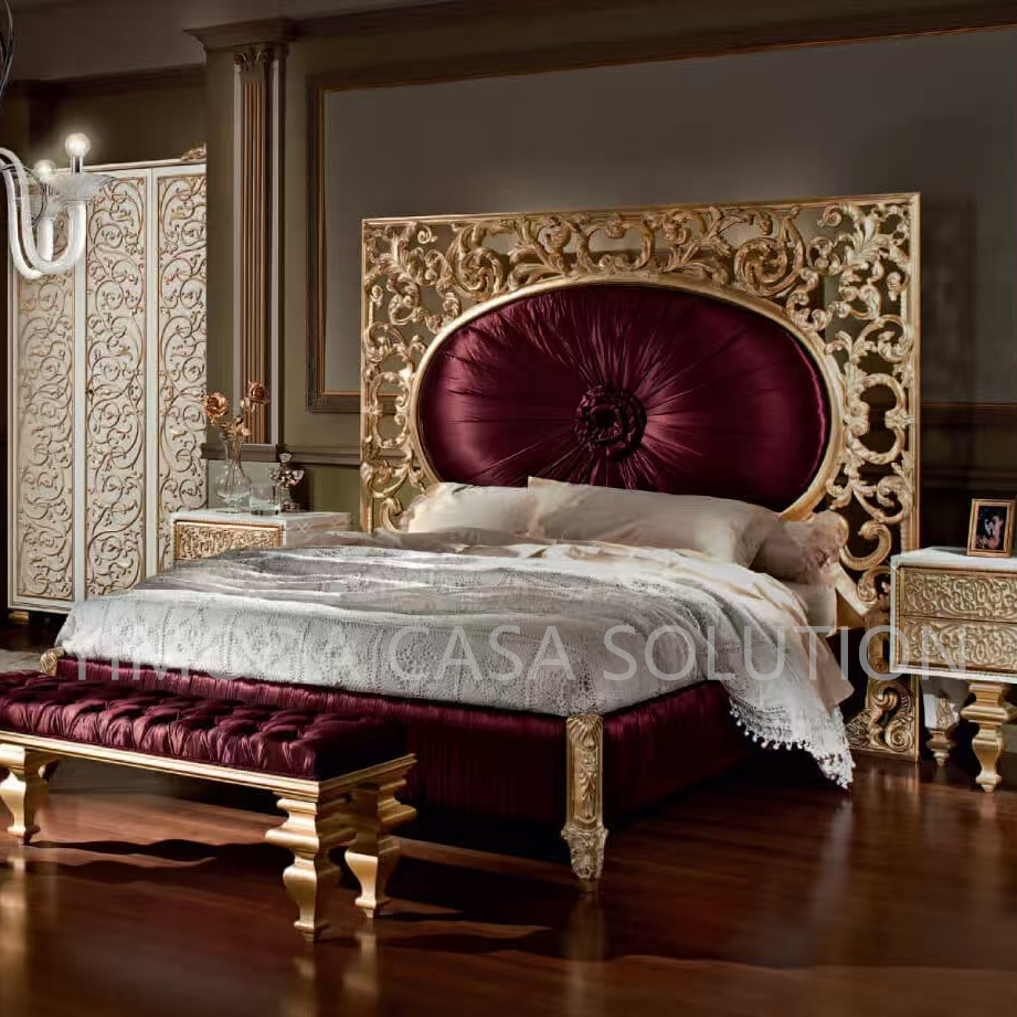 Royal Luxury Bedroom Set Furniture Golden carved king Bed Series Classical European Luxurious king Size Purple Red Bed With Exquisite Workmanship