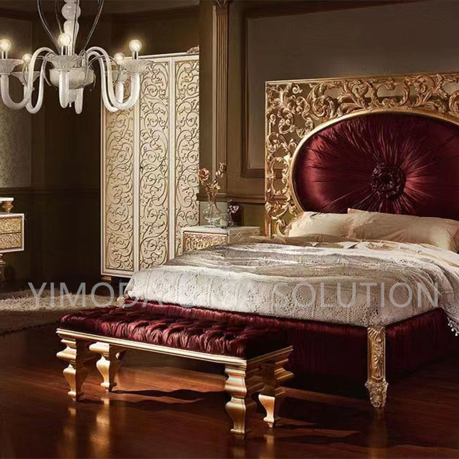 Royal Luxury Bedroom Set Furniture Golden carved king Bed Series Classical European Luxurious king Size Purple Red Bed With Exquisite Workmanship