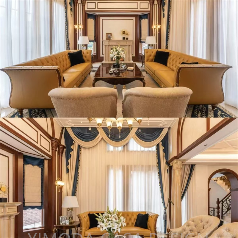Vintage French Style Living Room Furniture Carving Wood Chesterfield yellow leather Classic Luxury Antique French Furniture Sofa