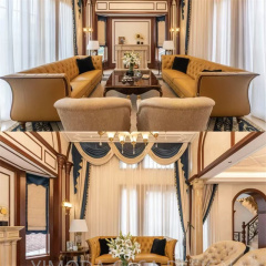 Vintage French Style Living Room Furniture Carving Wood Chesterfield yellow leather Classic Luxury Antique French Furniture Sofa