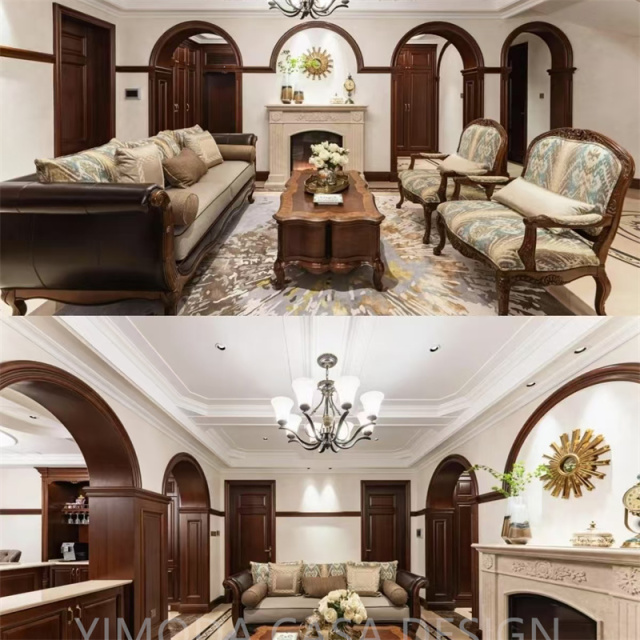 Vintage French Style Living Room Furniture Carving Wood Chesterfield yellow leather Classic Luxury Antique French Furniture Sofa