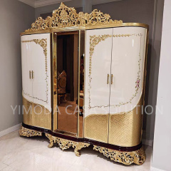 Royal Golden Antique French European Style Golden foil Painting  Carved Wooden Wedding Bedroom Furniture Clothes Cabinet Wardrobe