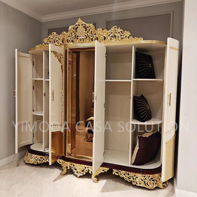 Royal Golden Antique French European Style Golden foil Painting  Carved Wooden Wedding Bedroom Furniture Clothes Cabinet Wardrobe
