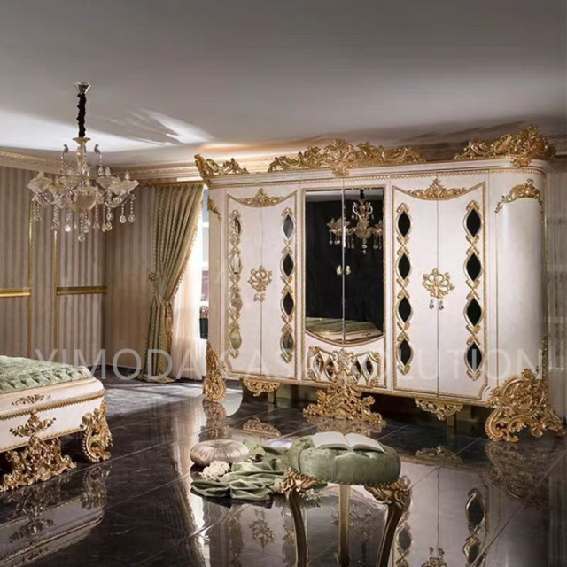 Custom Antique Golden White carving Bedroom Wardrobe Solid Wood Door American Style French Design For Living Room White Wooden Furniture