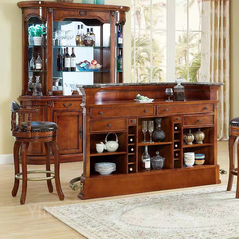 Victorian Style Bar Home Furniture Exquisite Carved Wooden Bar Counter Table with Luxury Brown Wooden Wine Cabinet