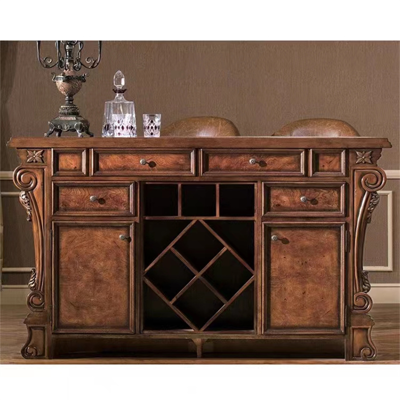 European Classical Luxury Brown Wood Carving bar Counter and Wine Cabinet Set