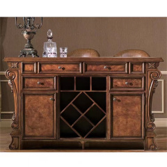 European Classical Luxury Brown Wood Carving bar Counter and Wine Cabinet Set
