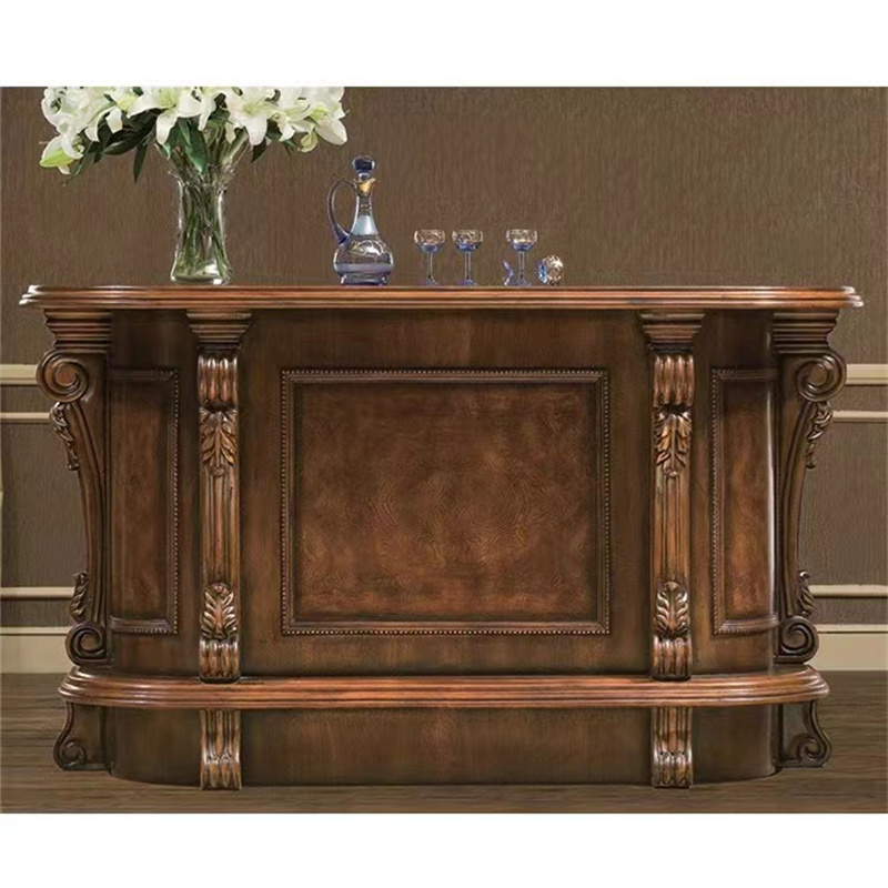 European Classical Luxury Brown Wood Carving bar Counter and Wine Cabinet Set
